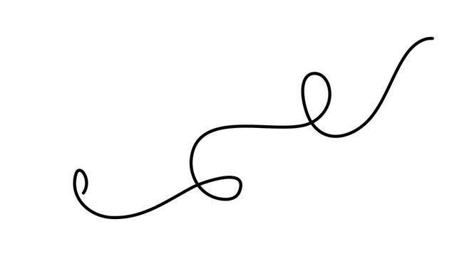 Wavy curly stroke one line art, hand drawn scribbly dividing element drawing continuous contour. Twiddle swirl separator curve strip with volutes and tendril design. Isolated. Editable stroke. Vector