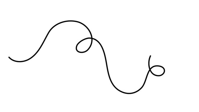 Wavy curly stroke one line art, hand drawn scribbly dividing element drawing continuous contour. Twiddle swirl separator curve strip with volutes and tendril design. Isolated. Editable stroke. Vector