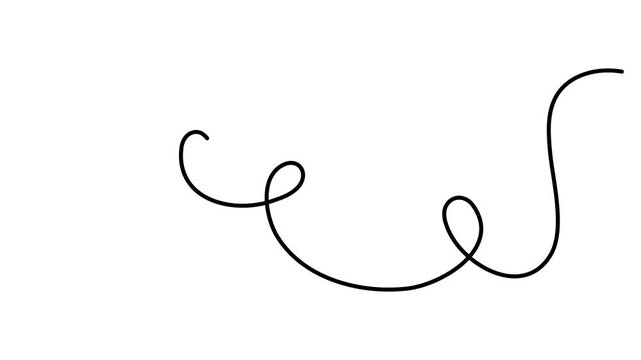 Wavy curly stroke one line art, hand drawn scribbly dividing element drawing continuous contour. Twiddle swirl separator curve strip with volutes and tendril design. Isolated. Editable stroke. Vector