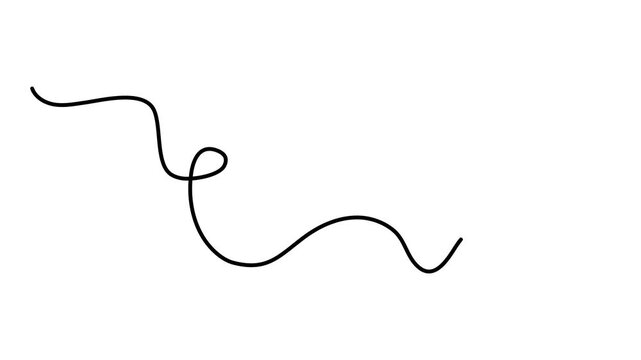 Wavy curly stroke one line art, hand drawn scribbly dividing element drawing continuous contour. Twiddle swirl separator curve strip with volutes and tendril design. Isolated. Editable stroke. Vector