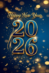 Happy New Year 2026" text in blue and gold on a dark background with festive bokeh and glitter.