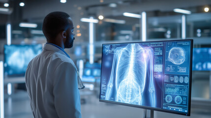 Artificial intelligence analyzing medical data on holographic screens, futuristic hospital environment, clean lighting, high-detail realism