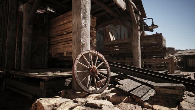 A weathered wooden wheel leans against a post next to an abandoned building. Surrounding it are stacks of timber and old materials under a clear blue sky.