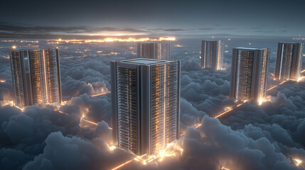 cloud computing infrastructure with connected servers, glowing data lines, digital sky background, futuristic visualization
