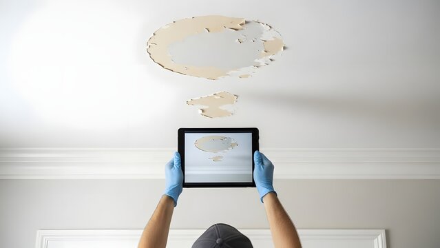Person in blue gloves holding tablet showing damaged ceiling with peeling paint ceiling damage water damage