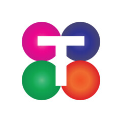 this is a letter logo design of initial T on a four circle round shape in different colors that looks good on a white background