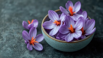Delicate purple saffron blooms in a bowl