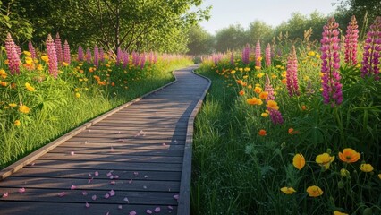 Serene wooden boardwalk through vibrant wildflowers