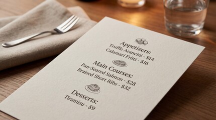 Restaurant menu with appetizers, main courses, and desserts on wooden table