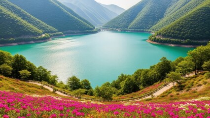 Serene lake surrounded by mountains and vibrant flowers
