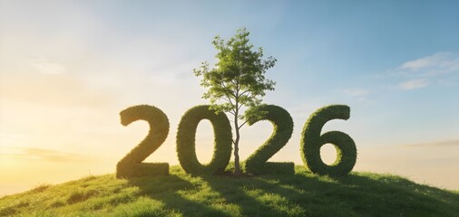 Eco-friendly 2026 background featuring grass-covered numbers and a growing tree, representing environmental awareness, fresh beginnings, and positive change.