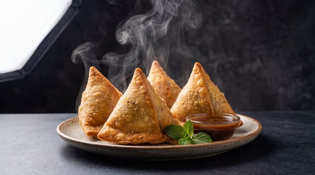 Steaming hot samosas with dipping sauce on plate