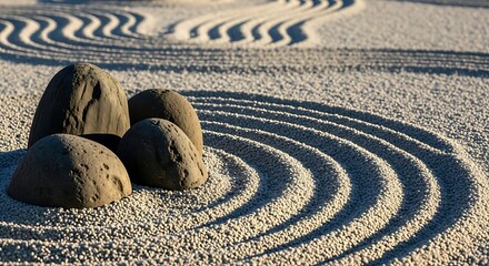 Serene zen garden with raked gravel and stones on white background