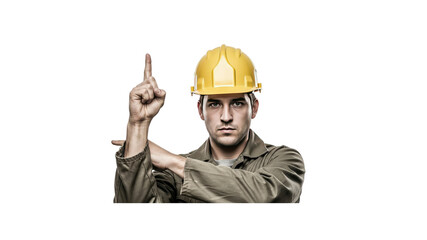 Construction worker with yellow hard hat pointing up