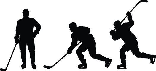 ice hockey player silhouettes, professional sport action poses illustration, skating shooting movements, winter team competition concept, black vector isolated design © Itz Jisan