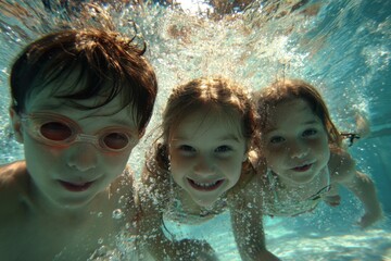 Children enjoy swimming in a clear pool during a sunny day, creating joyful memories beneath the water surface with bright smiles