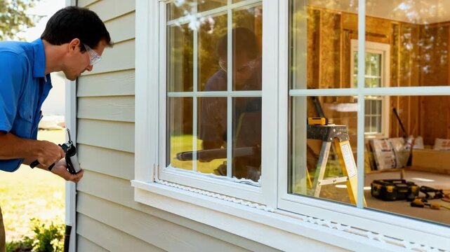 Close medium shot of a glazier sealing doublepane windows ensuring airtight insulation and noise reduction in a suburban house renovation.