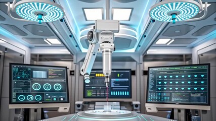 IVF Procedure Concept ,Robotic arm surgery medical technology hospital futuristic equipment advanced laboratory with digital monitors, precise laser - Powered by Adobe