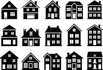 Fototapeta premium House icons, building silhouettes, residential design, architecture, home styles, black vector, roof shapes, window layout, door types, chimney, garage, porch, multi-story, urban planning