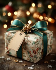 Beautifully Wrapped Christmas Present with Festive Ribbon and Tag
