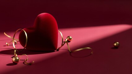Luxurious deep red velvet heart rests elegantly with shimmering gold ribbon and decorative spheres against a dramatic magenta background symbolizing romance and celebration