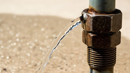 Obraz premium Rusty pipe leaking water on sandy ground water leak pipe joint