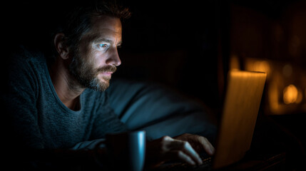 man working on his laptop at night, late night work 