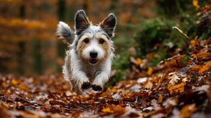 Joyful dog running through vibrant forest filled with colorful fallen leaves in playful motion