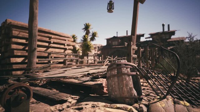 A dusty, deserted western settlement showcases a weather beaten wooden barrel and rustic structures under a clear blue sky, evoking a sense of history and abandonment in the landscape.