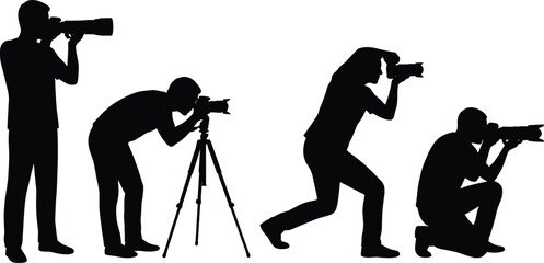 professional photographers silhouettes, camera shooting poses illustration, photojournalism studio action, creative media concept, black vector isolated design, photography industry work © Itz Jisan