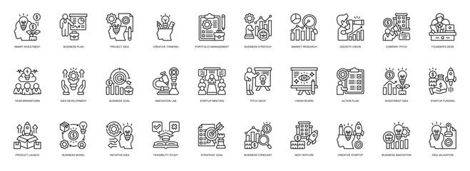 Startup and Business Ideas icon collection line style. containing Smart Investment, Startup and Business Ideas, Business Plan, Project Idea, Creative Thinking, Portfolio Management, Business Strategy