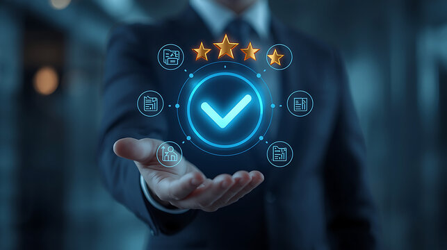 A photorealistic image depicts a businessman in a dark suit reaching out his hand, with a glowing holographic interface showcasing a blue checkmark, five golden stars, and digital document icons. - Powered by Adobe