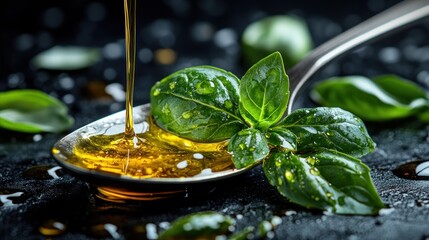 Fresh basil leaves bathed in golden oil
