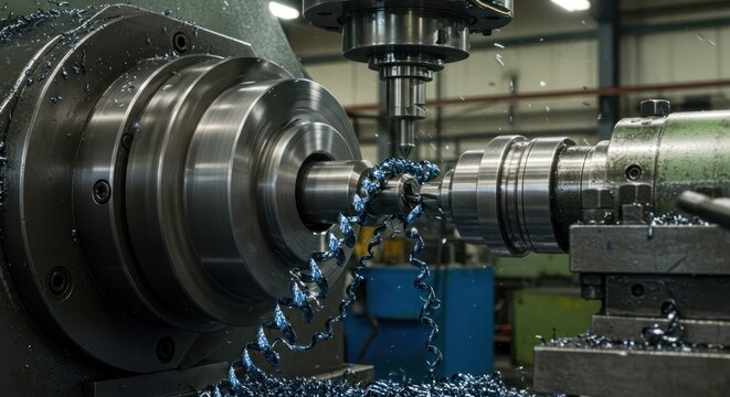 CNC Lathe Machine Turning Metal Component in Factory. - Powered by Adobe