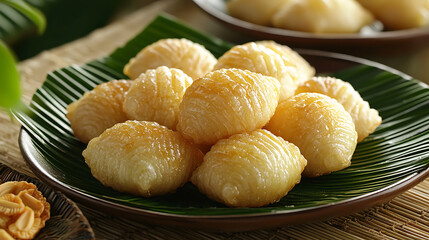 Delicious Golden Fried Pastries Served on a Banana Leaf Plate.