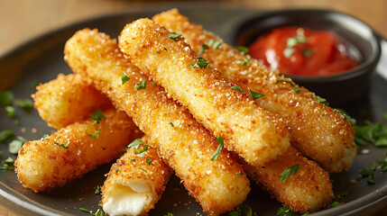 Golden Fried Mozzarella Sticks with Marinara Sauce.