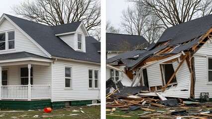 Side by side comparison of a white house before and after severe storm damage to roof and walls home