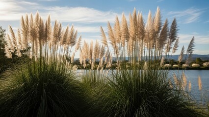 Pampas grass near a serene lake on a sunny day
