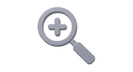 3d rendering of a magnifying glass with a plus symbol inside indicating zoom in function isolated on transparent background