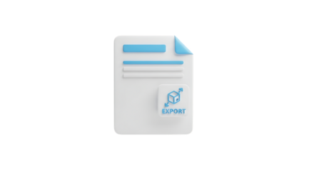 A white document with blue accents and a stylized logo isolated on transparent background