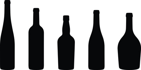 wine bottle silhouettes, alcohol beverage container shapes illustration, minimalist glass bottles set, black vector isolated, packaging design template mockup branding