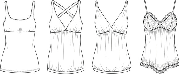 Women camisole lingerie top collection technical drawing, fashion flat sketch, sleepwear apparel design, minimal line art illustration © MstRokshana