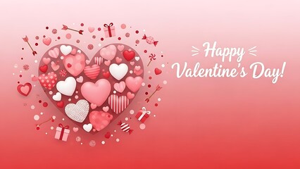 Festive collection of assorted pink and red hearts with gifts and candies set against a soft gradient background celebrating romance and affection on valentine's day