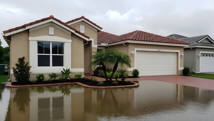Fototapeta premium Tan stucco house with red tile roof and flooded driveway with palm trees home residential real estate