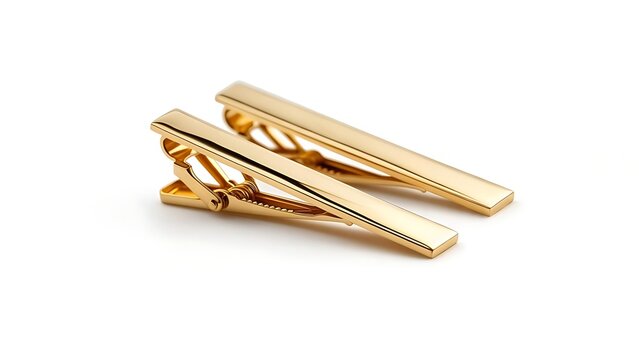 Two elegant, shiny gold tie clips. One is fastened, the other lays beside it, against a white background
