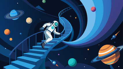 Astronaut ascending staircase in space © Devili