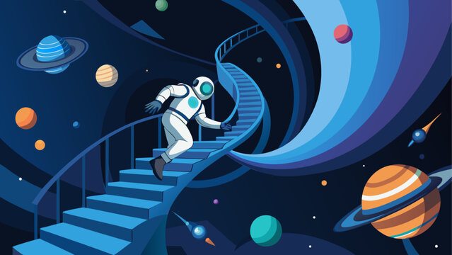 Astronaut ascending staircase in space