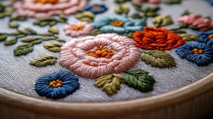 Closeup hand embroidered floral design