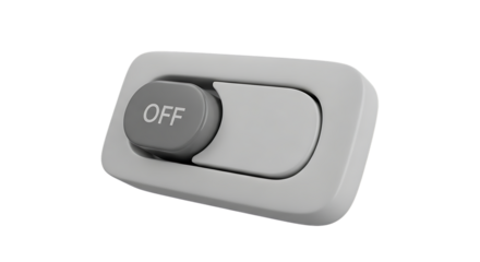 Close up of a gray and white toggle switch in the off position isolated on transparent background