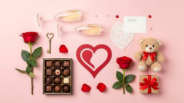 Assortment of romantic valentines day gifts including red roses chocolates champagne flutes a teddy bear and a heart shape on pink background